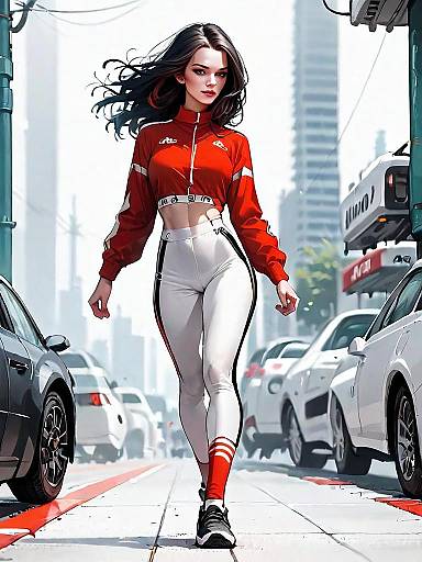 Realistic Comic Style Athletic Woman Walking in Urban Street