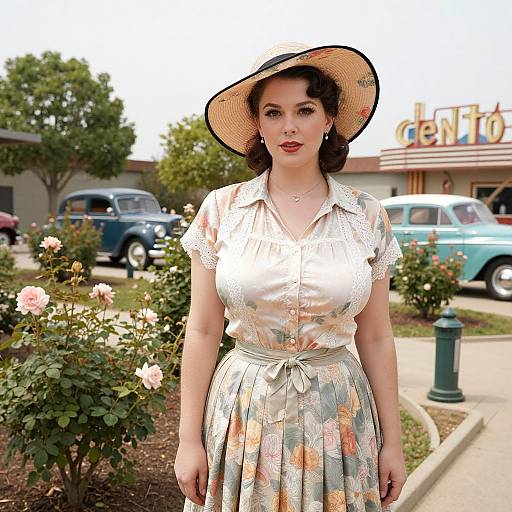 Vintage Style Woman with Classic Cars and Retro Diner Background