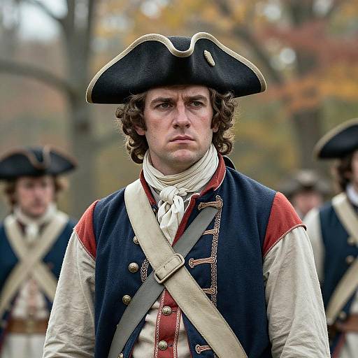 18th Century Soldier in Colonial Military Uniform with Tricorn Hat