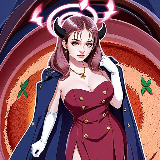 Anime Woman in Elegant Red Dress with Horns and Navy Coat