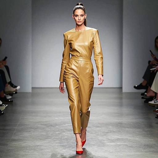 Woman in Tan Leather Jumpsuit with Red Heels on Runway