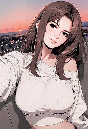 Anime Woman Selfie on Balcony at Sunset Illustration