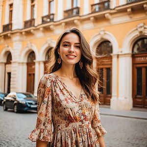 Young Woman in Floral Dress Smiling on Historic City Street