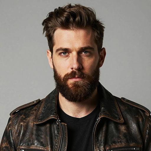 Bearded Man Wearing Brown Leather Jacket Looking at Camera