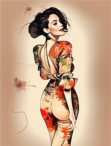Stylish Woman in Floral Dress with Puffed Sleeves