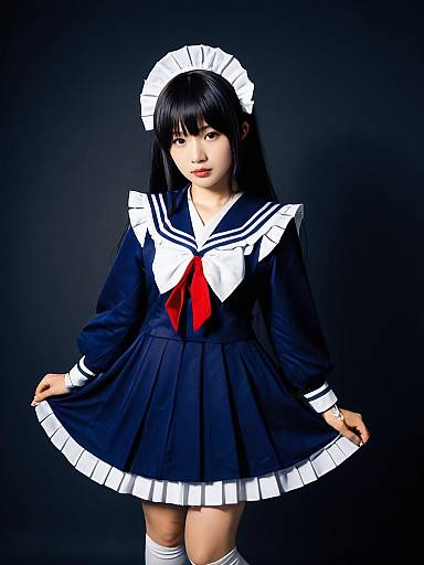 Realistic Cosplay of Tomoyo Sakagami in Navy Blue Sailor Maid Costume