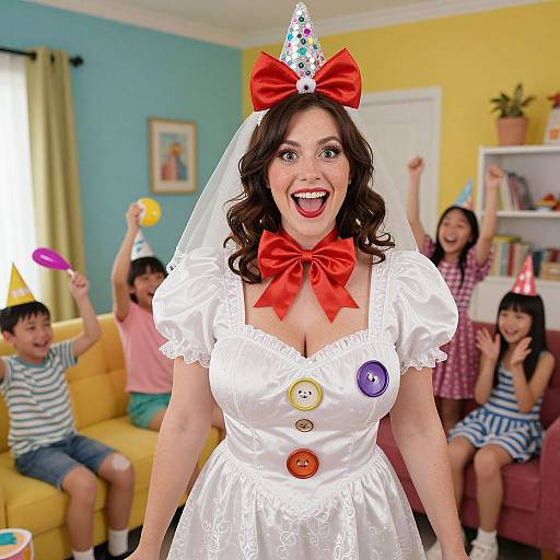 Happy Woman in Clown Costume with Cheerful Kids at Birthday Party