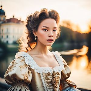 Elegant Woman in Vintage Gown at Sunset
