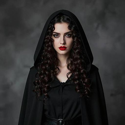 Gothic Style Woman in Black Hooded Cloak with Red Lipstick