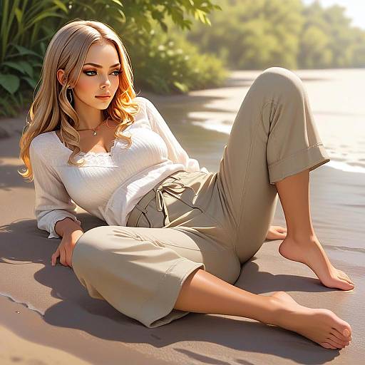 Relaxed Woman Reclining on Sandy Shore in Natural Sunlight
