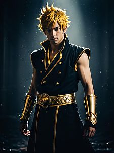 Man in Realistic Natsu Dragneel Cosplay Costume with Gold and Black Armor Details