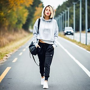 Young woman in gray hoodie walking on empty road