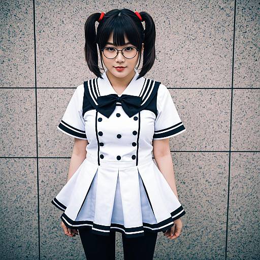 Young Woman in Japanese Sailor School Uniform with Glasses and Twin Ponytails