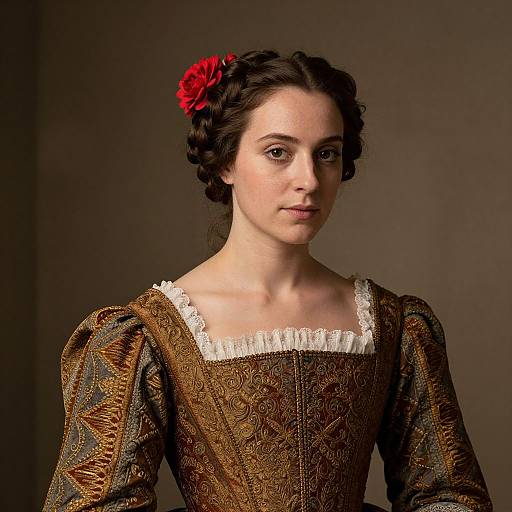 Young Woman in Renaissance-Style Embroidered Dress with Red Flower