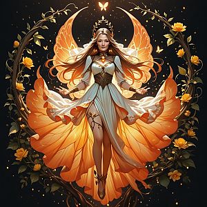 Radiant Woman in Flowing Garments with Butterfly Wings