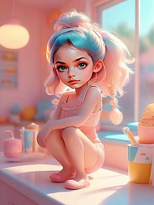 Young Girl with Blue Eyes and Pastel Hair on Windowsill