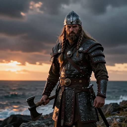 Viking Warrior in Armor Holding Battle Axe on Rocky Shore at Sunset