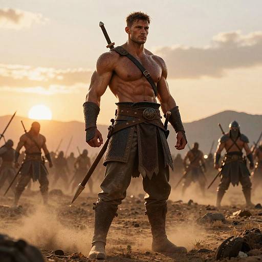 Gladiator Warrior Leading Ancient Battlefield at Sunset