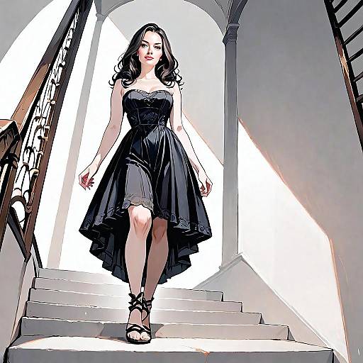 Elegant Woman in Black Dress Descending Staircase Digital Illustration