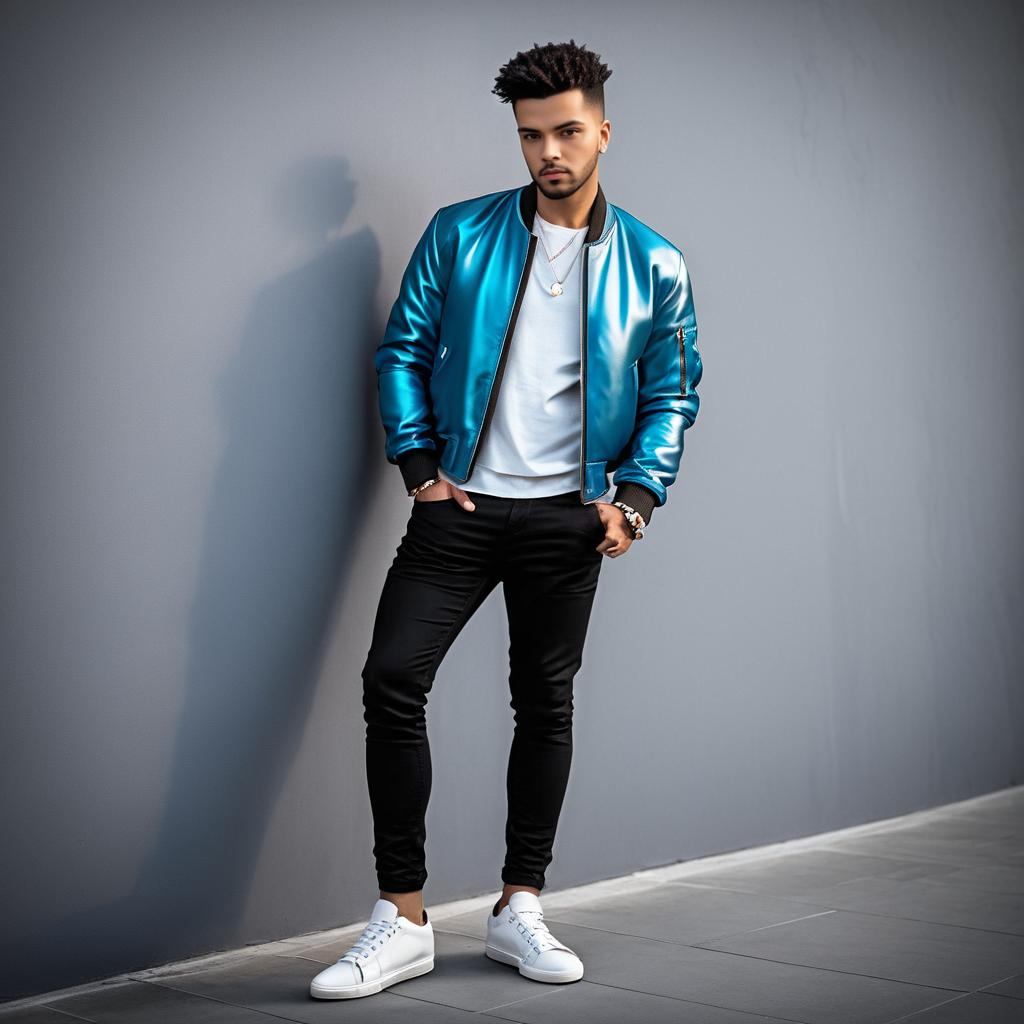 Stylish Young Man in Blue Bomber Jacket