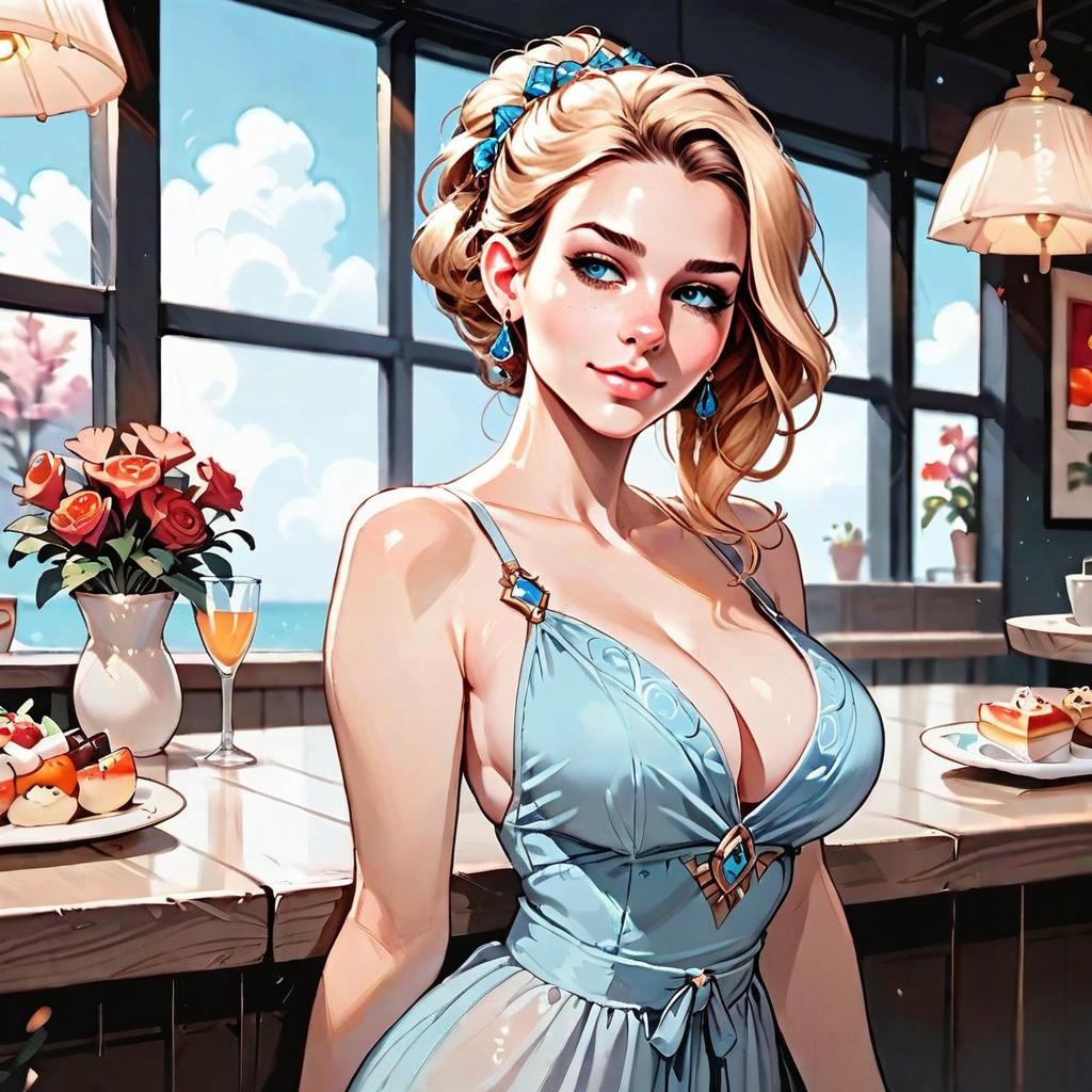Elegant Blonde Woman in Blue Dress at Sunny Cafe Illustration