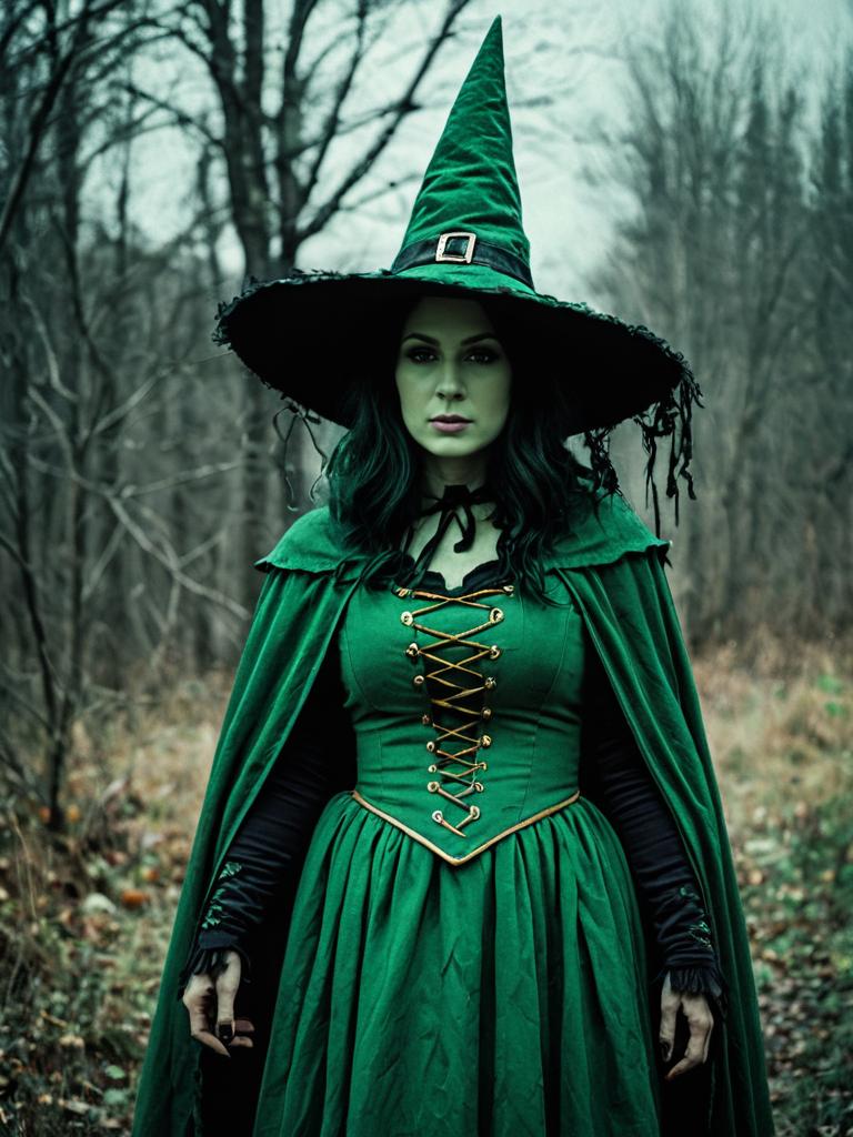 Woman in Green Witch Costume Cinematic Spooky Cosplay