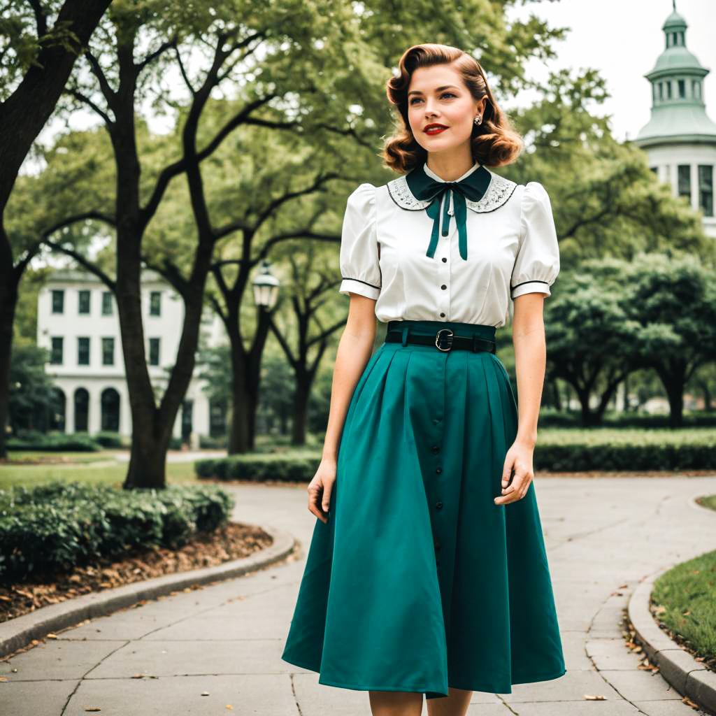 Vintage Woman in Green Skirt on Tree-Lined Pathway