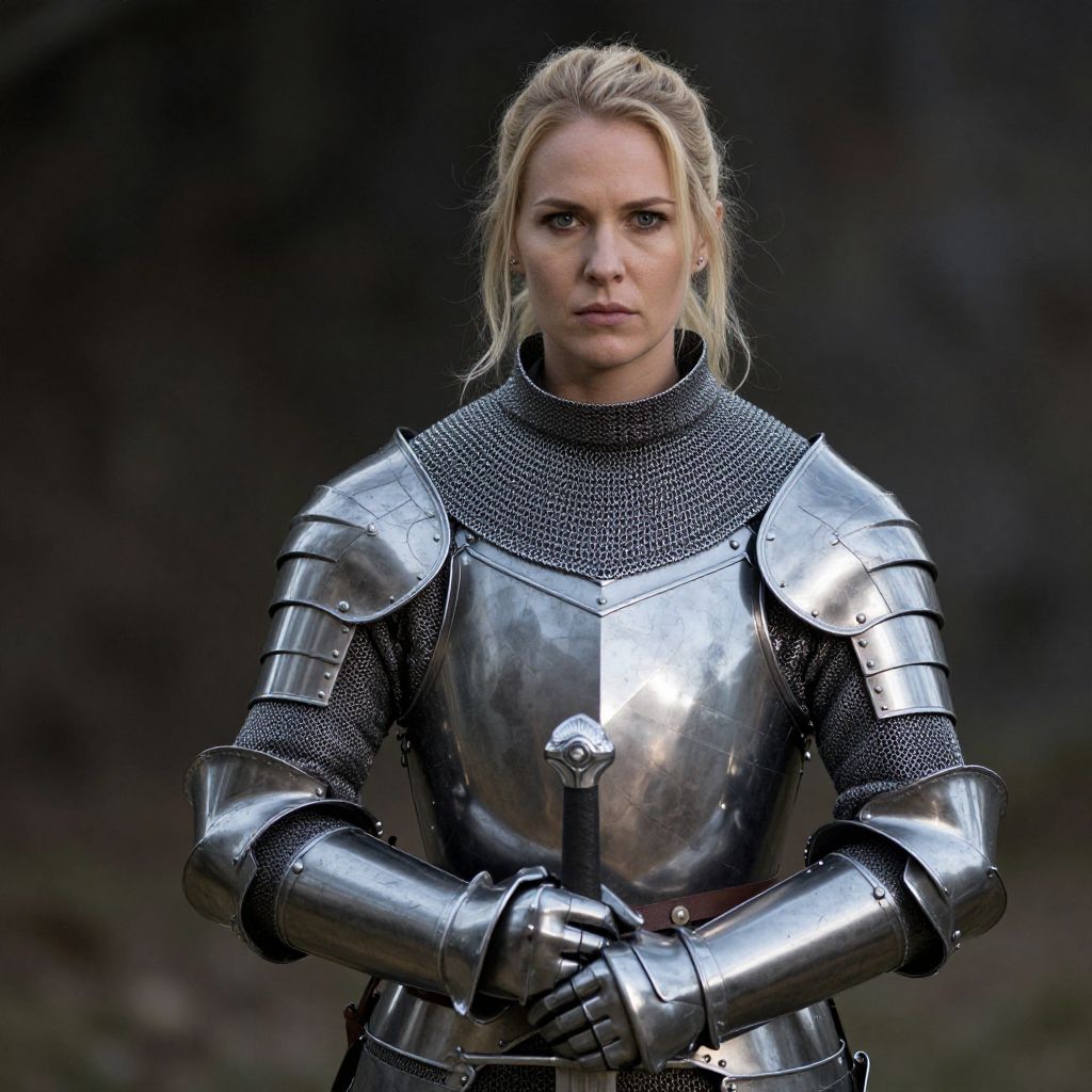 Woman Knight in Full Medieval Armor Holding Sword