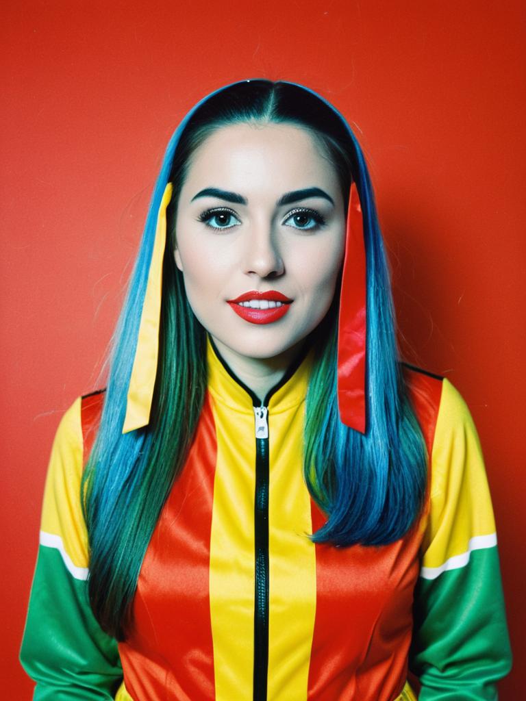 Woman in Skittles Costume Waist Up Editorial Portrait Vibrant Colors