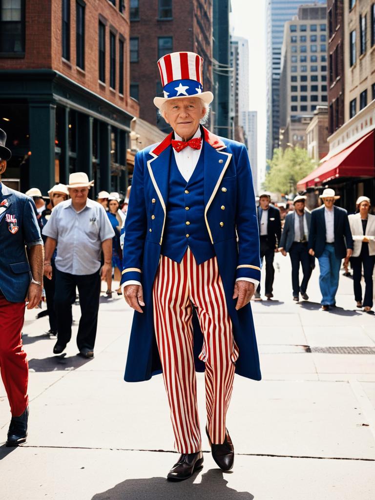 Elderly Man in Patriotic Costume Walking in City
