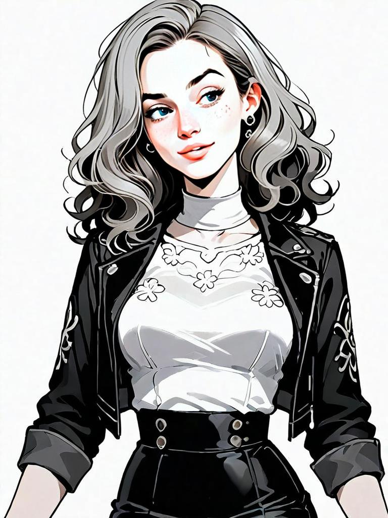 Stylish Young Woman in Black Leather Jacket Digital Illustration