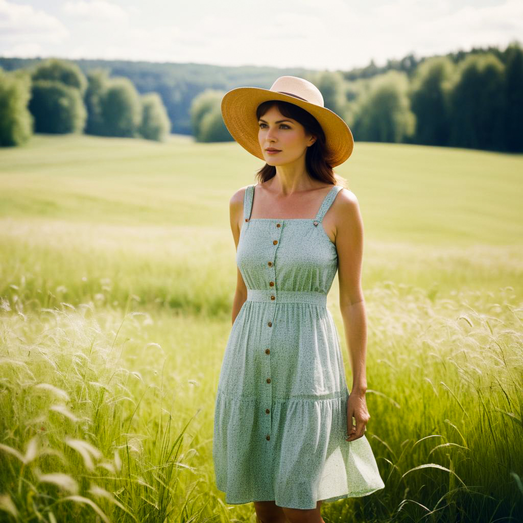 Woman in Light Green Dress in Sunlit Field