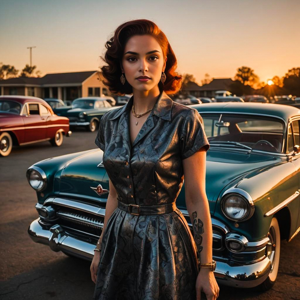 Stylish Woman with Vintage Hair by Classic Car at Sunset Stylish Woman with Vintage Hair by Classic Car at Sunset
