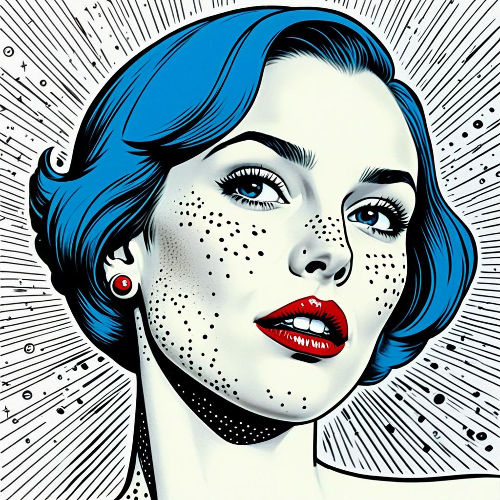Pop Art Portrait of Woman with Blue Hair and Red Lips