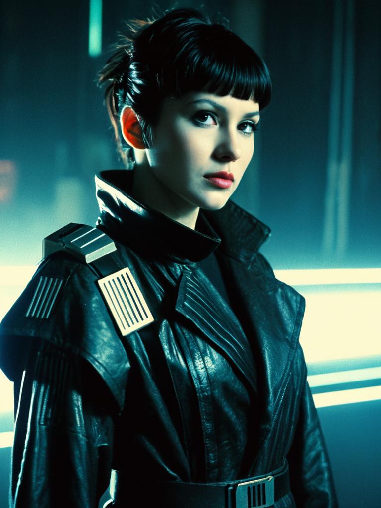 Woman in Blade Runner Joi Costume with Cyberpunk Leather Jacket