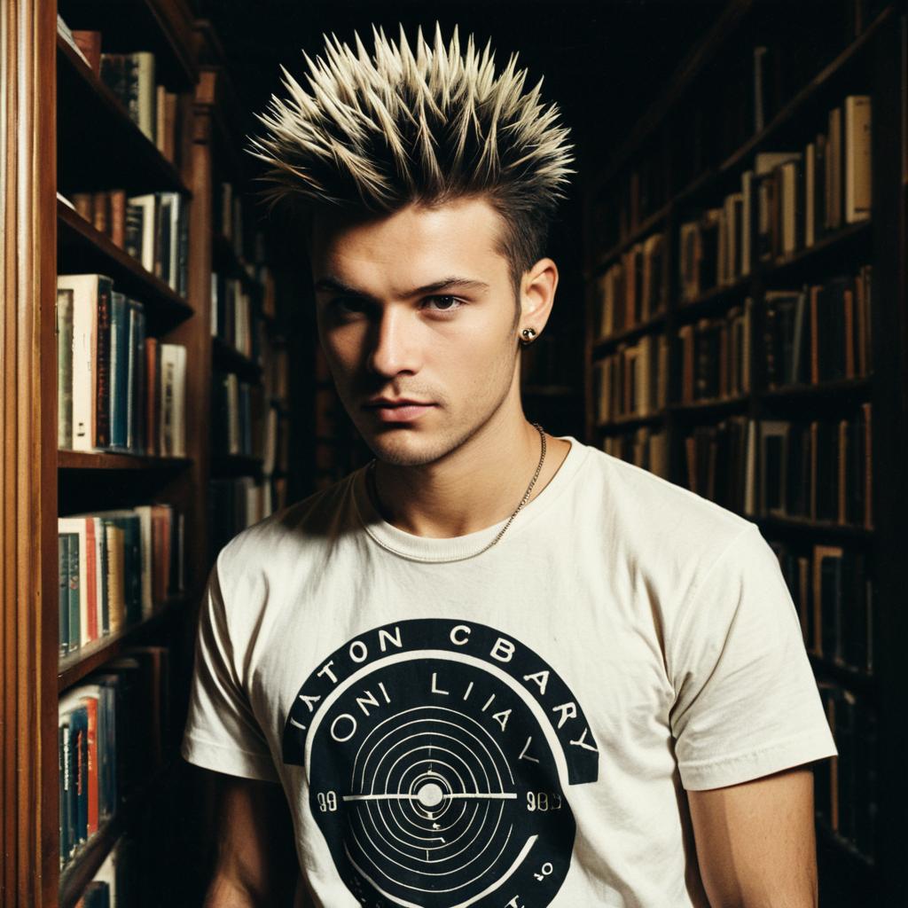 Young Man with Spiked Hair in Library Aisle Wearing Graphic T-Shirt