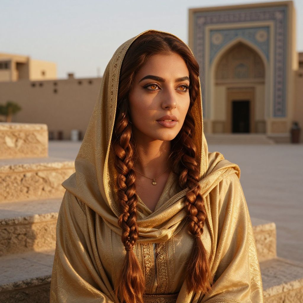 Woman in Golden Traditional Robe with Braids Near Historic Middle Eastern Architecture