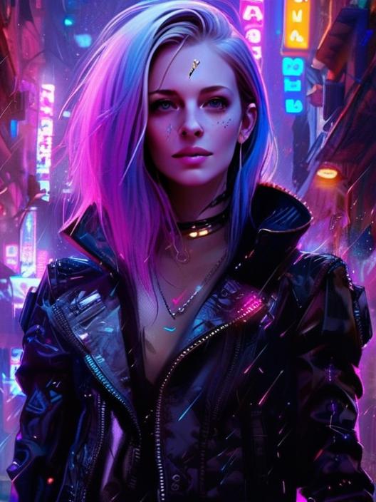 Cyberpunk Woman with Neon Hair in Futuristic Urban Nightscape