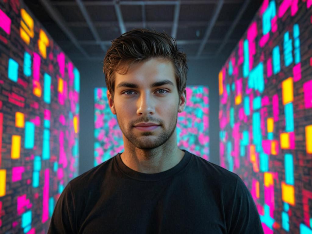 Young man in tech-savvy room with digital screens