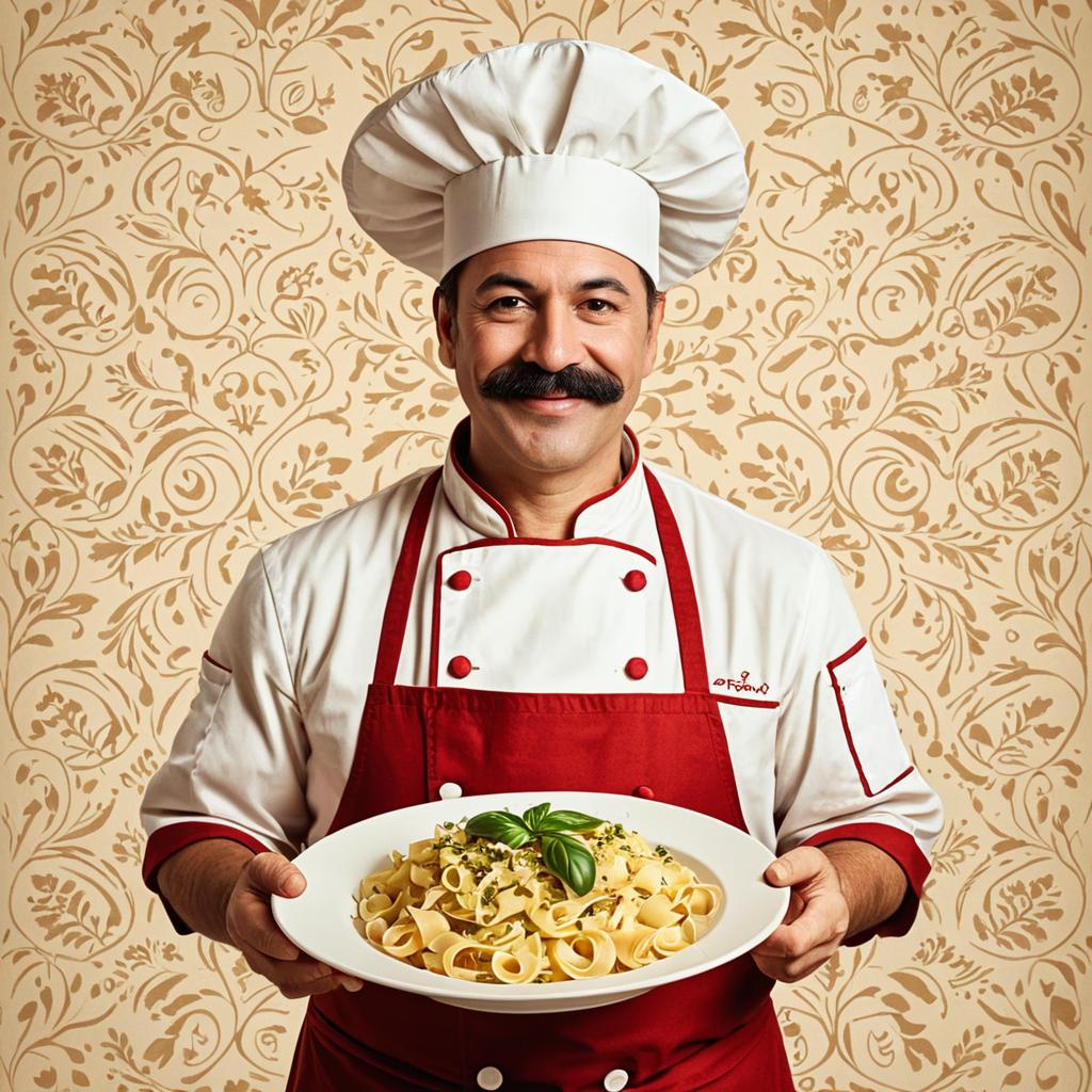 Male Chef Holding Pasta Plate in Red Apron with Traditional Chef Hat