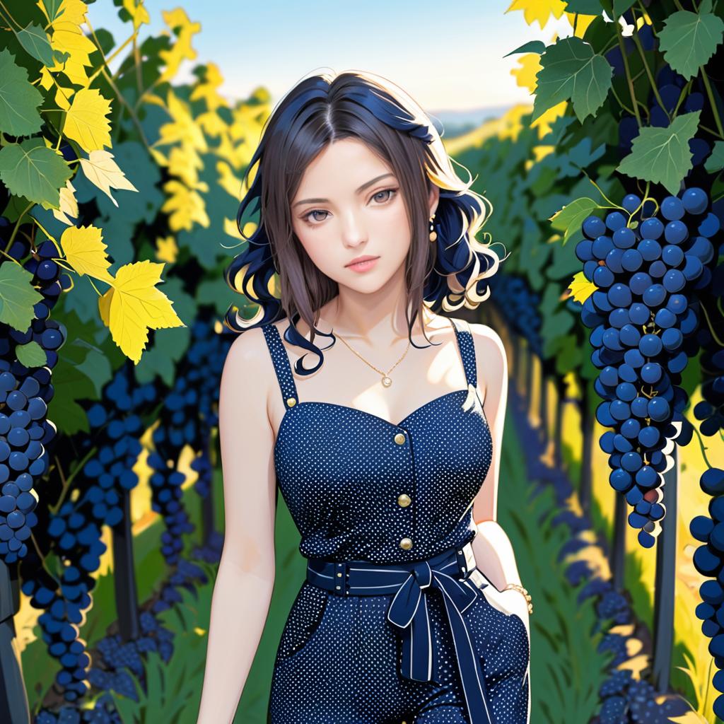 Anime Woman in Grape Vines Under Sunny Sky