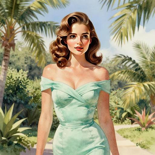 Vintage Glamour Woman in Turquoise Dress with Tropical Background
