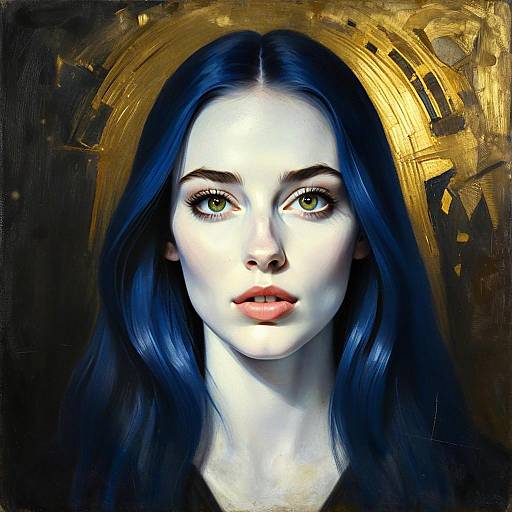 Hyper-Realistic Digital Portrait of Woman with Blue Hair and Gold Halo Background
