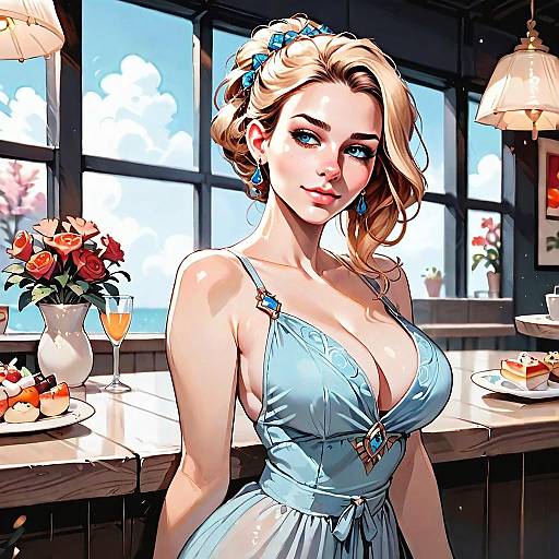 Elegant Blonde Woman in Blue Dress at Sunny Cafe Illustration