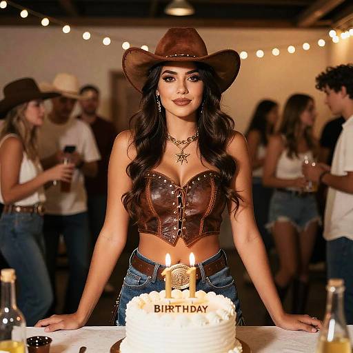 Woman in Cowboy Outfit at Western Wear Birthday Party with Cake