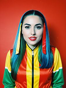 Woman in Skittles Costume Waist Up Editorial Portrait Vibrant Colors