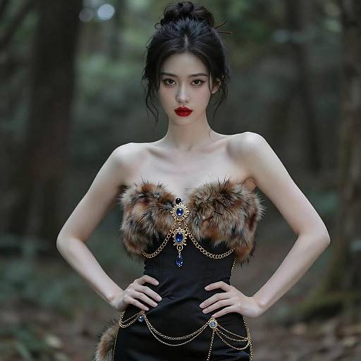 Confident Woman in Elegant Fur-Embellished Black Dress in Forest