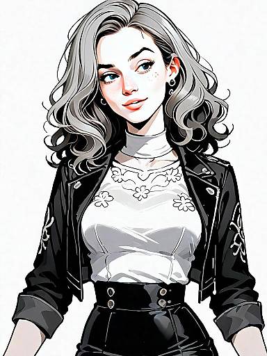 Stylish Young Woman in Black Leather Jacket Digital Illustration