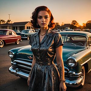 Stylish Woman with Vintage Hair by Classic Car at Sunset