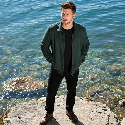 Man in Green Jacket Standing on Rocky Shore by Clear Water